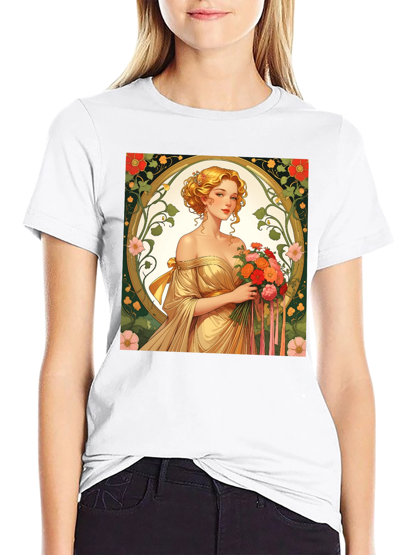 Art Nouveau Lady T-Shirt - Elegant Floral Design
