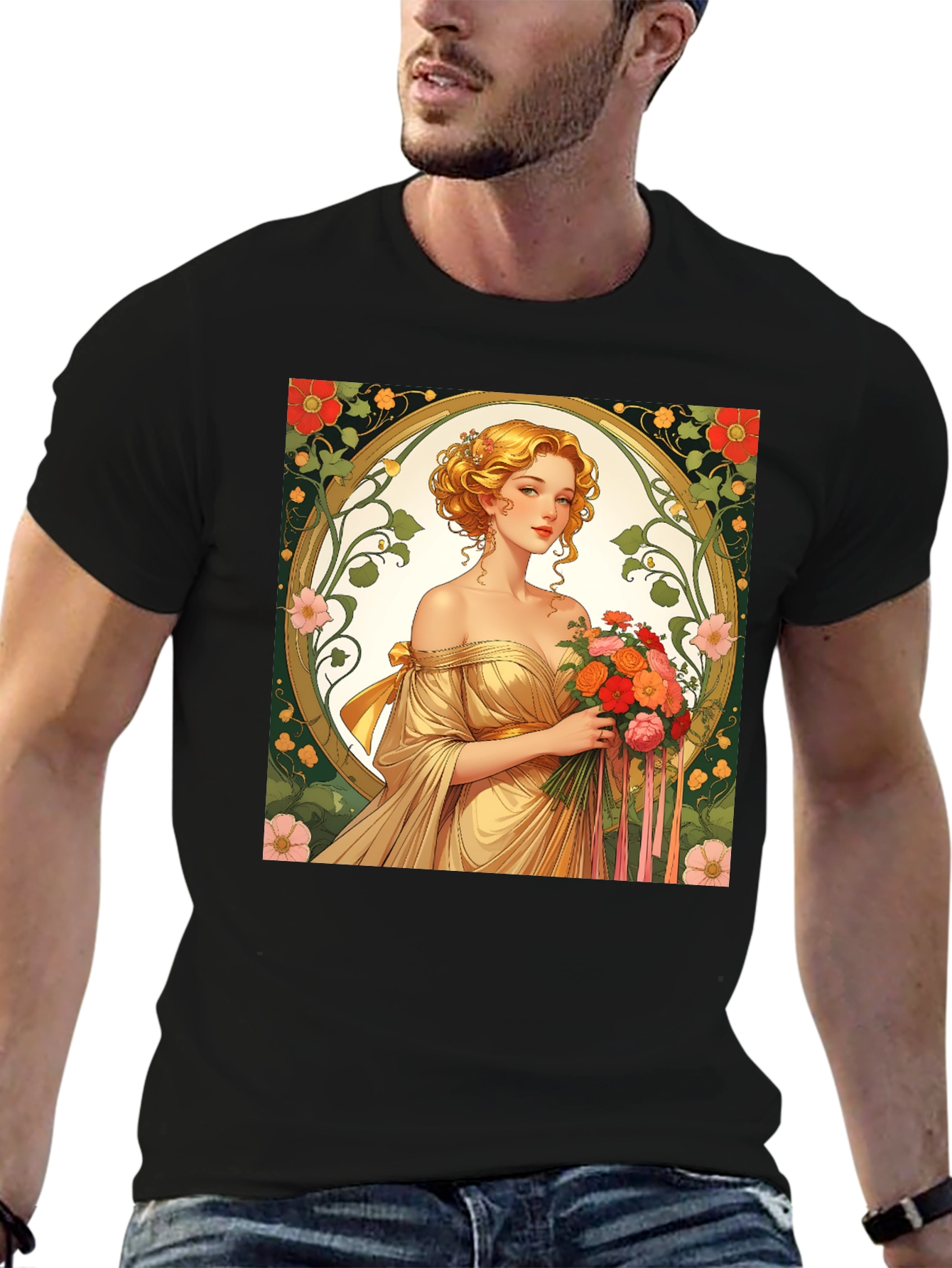 Art Nouveau Lady T-Shirt - Elegant Floral Design