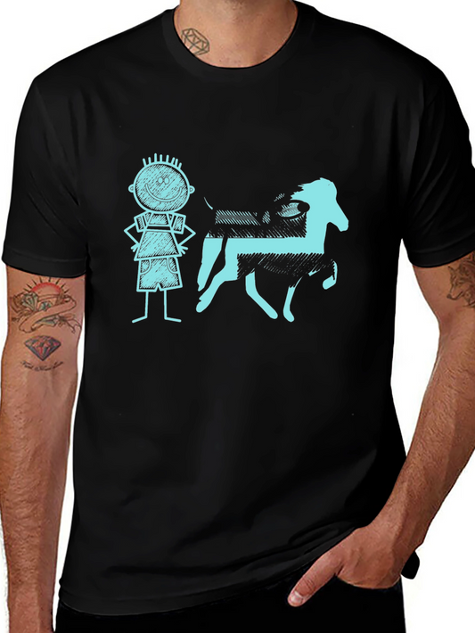 Mens Black Tee with Kid and Horse Graphic