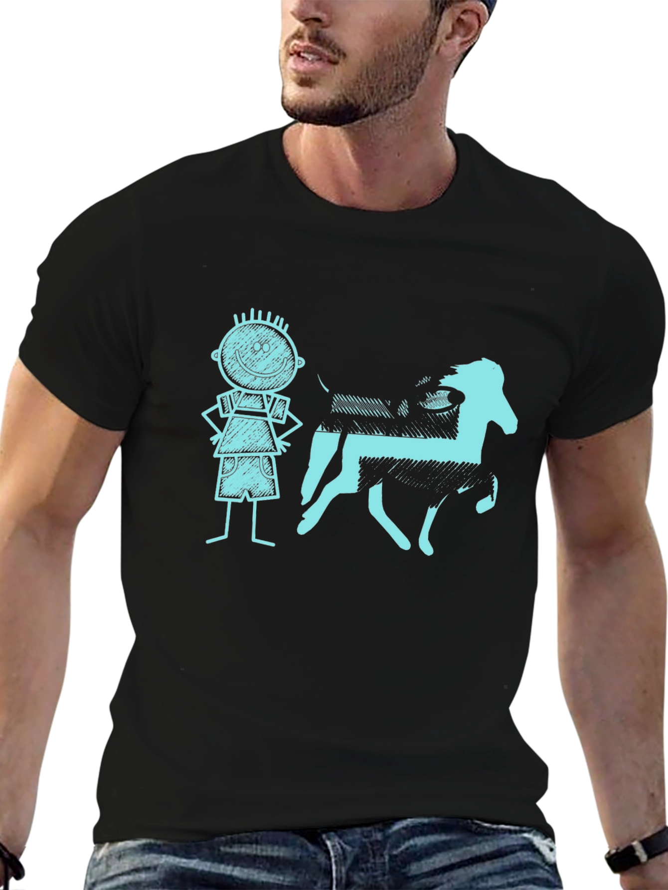 Mens Black Tee with Kid and Horse Graphic