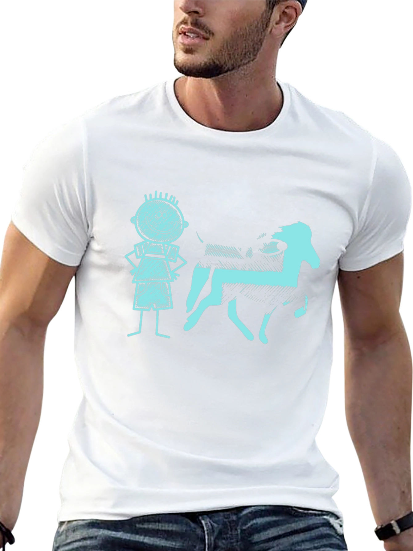 Mens Black Tee with Kid and Horse Graphic