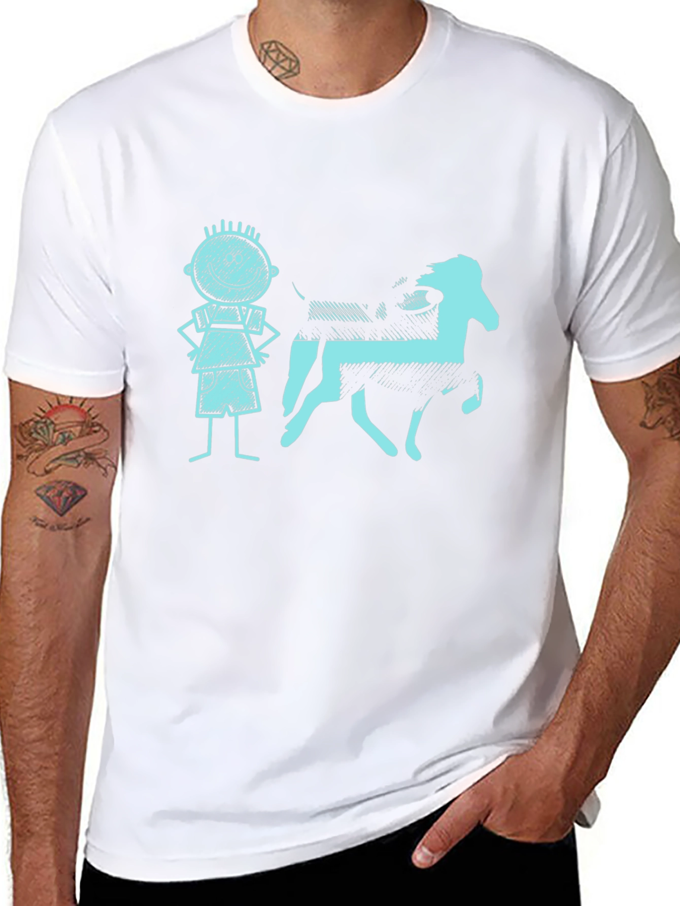 Mens Black Tee with Kid and Horse Graphic