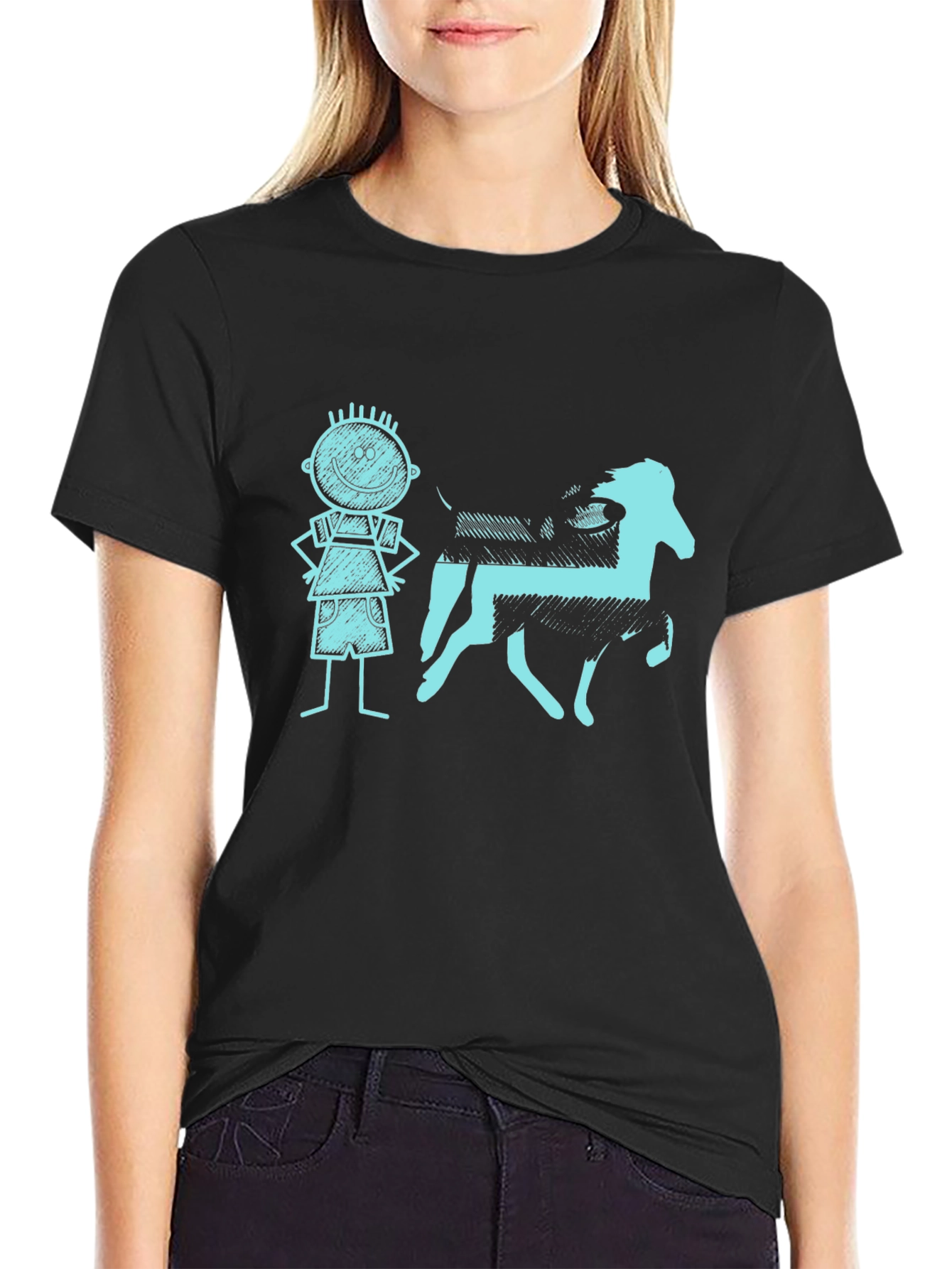 Mens Black Tee with Kid and Horse Graphic