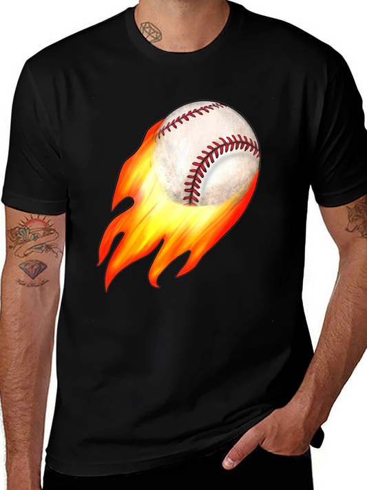 Flaming Baseball Graphic Tee - Black Cotton T-Shirt