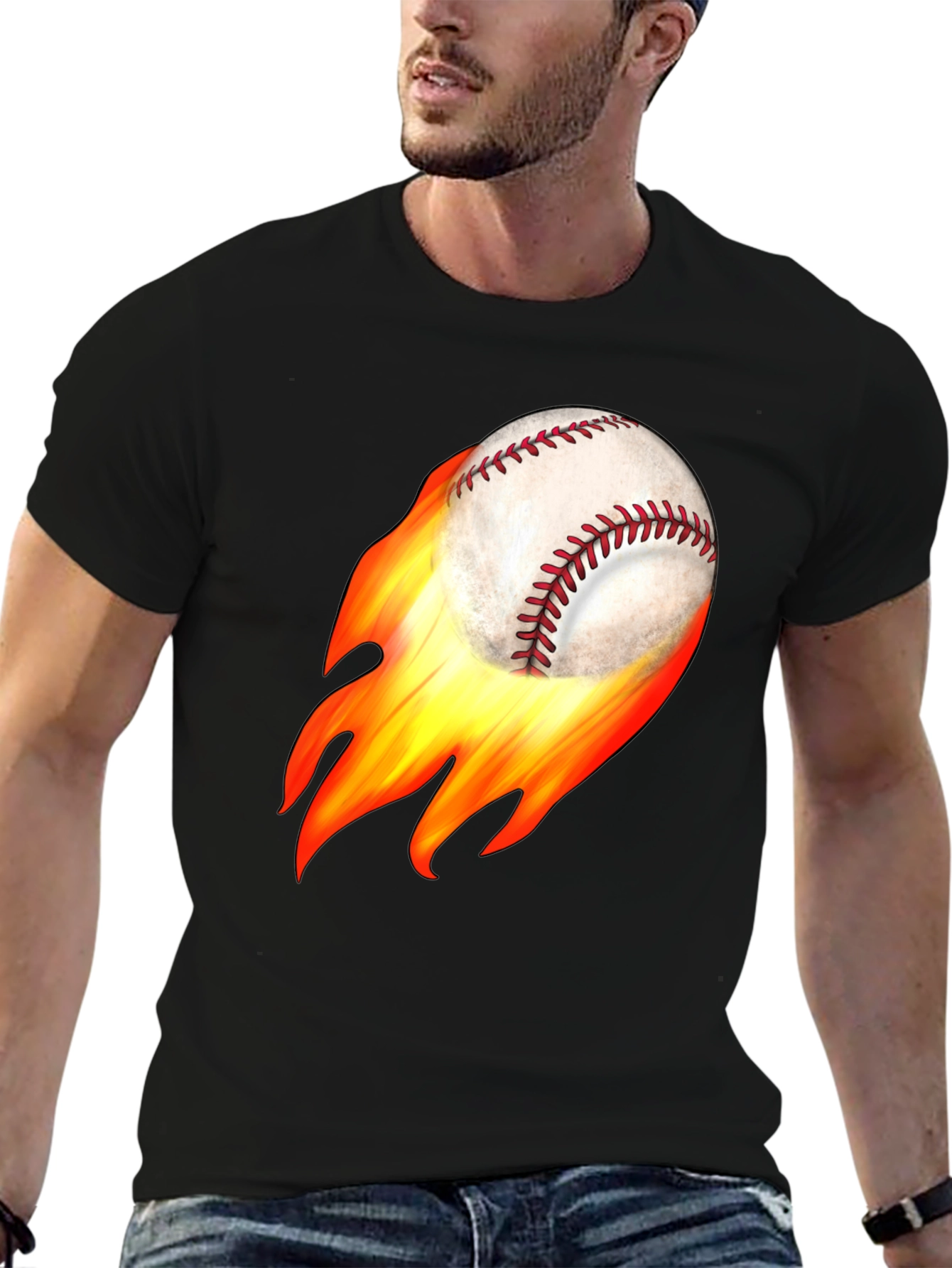 Flaming Baseball Graphic Tee - Black Cotton T-Shirt