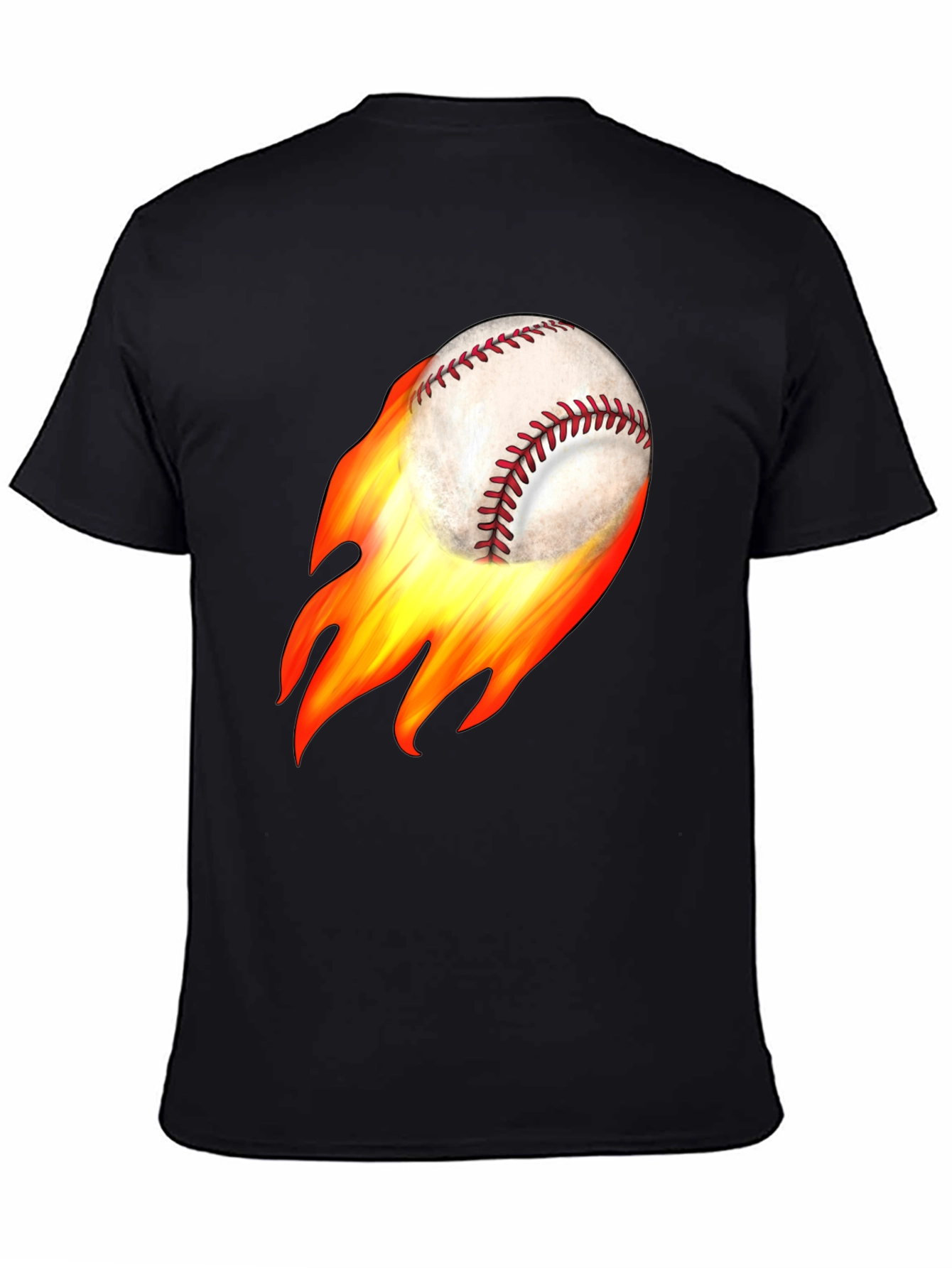 Flaming Baseball Graphic Tee - Black Cotton T-Shirt