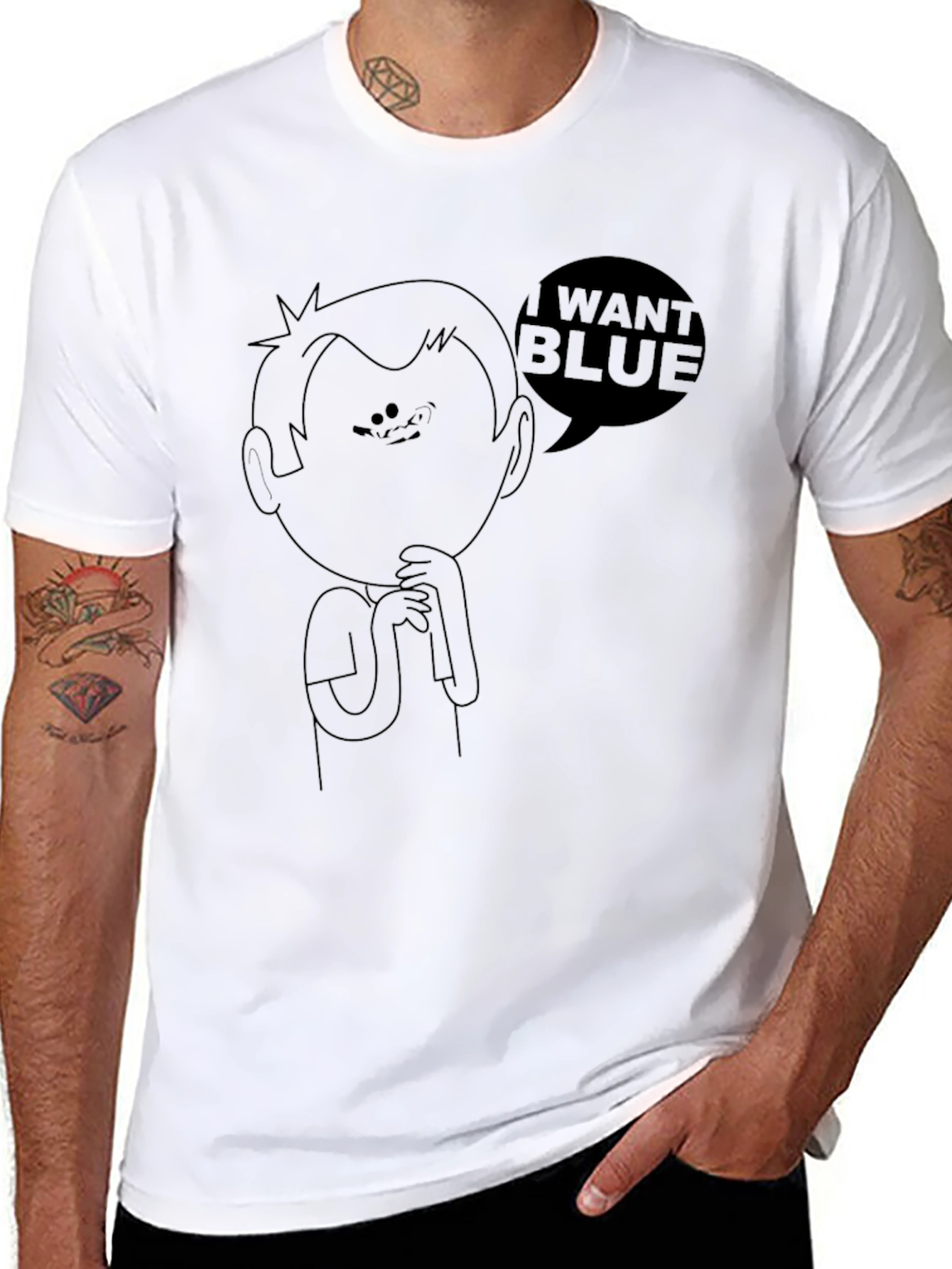 I Want Blue Cartoon Graphic Black Tee