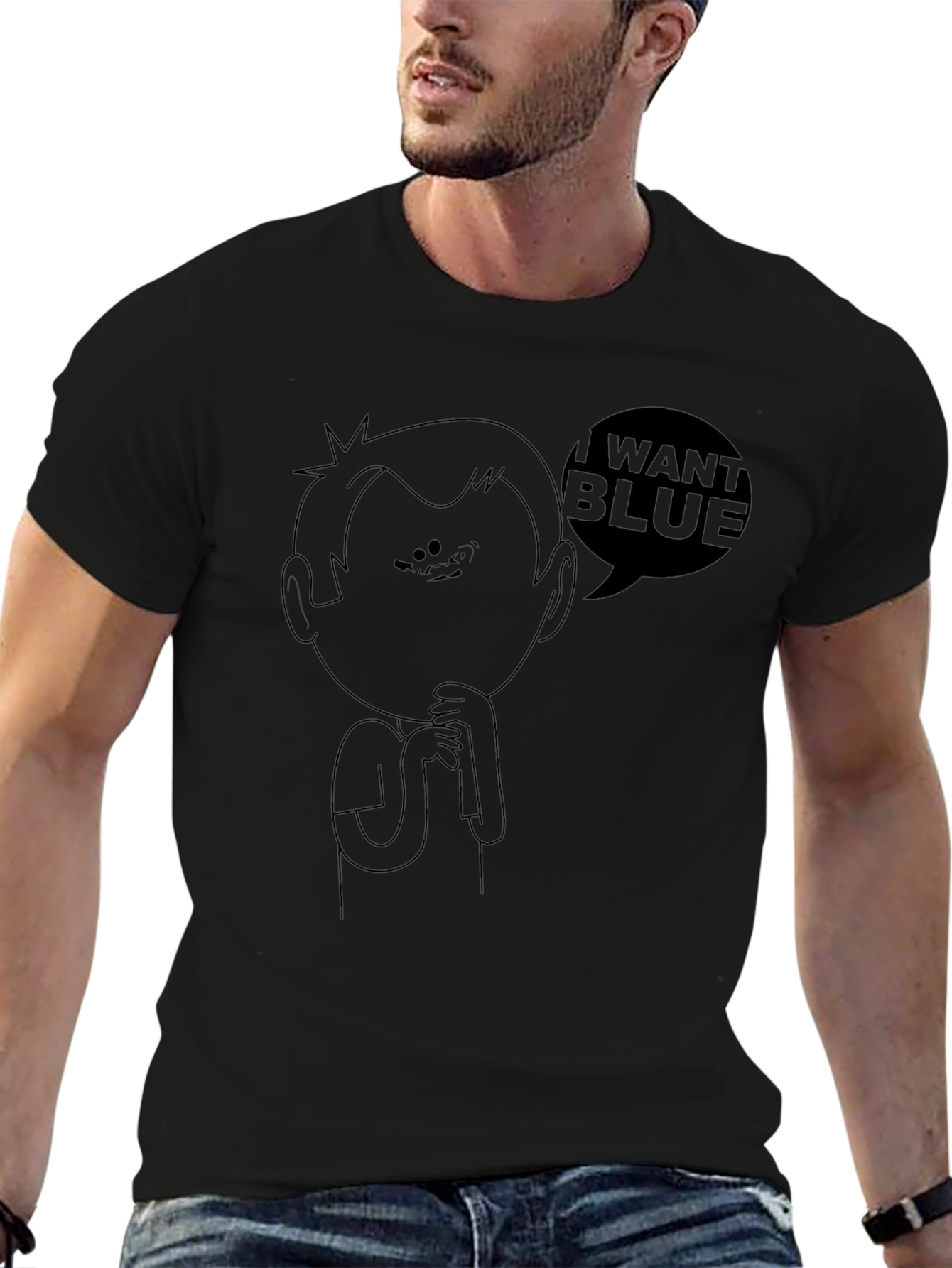 I Want Blue Cartoon Graphic Black Tee