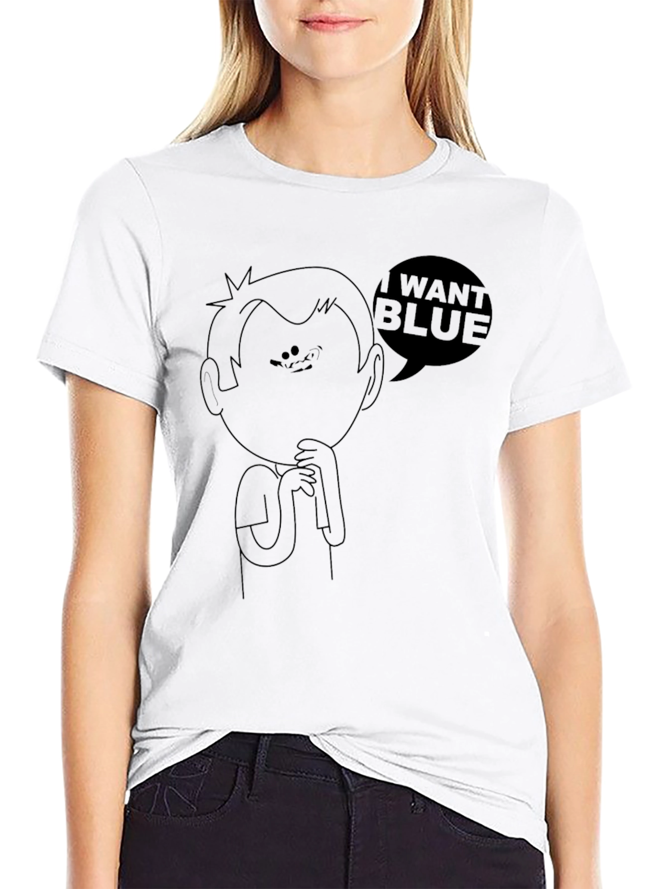 I Want Blue Cartoon Graphic Black Tee