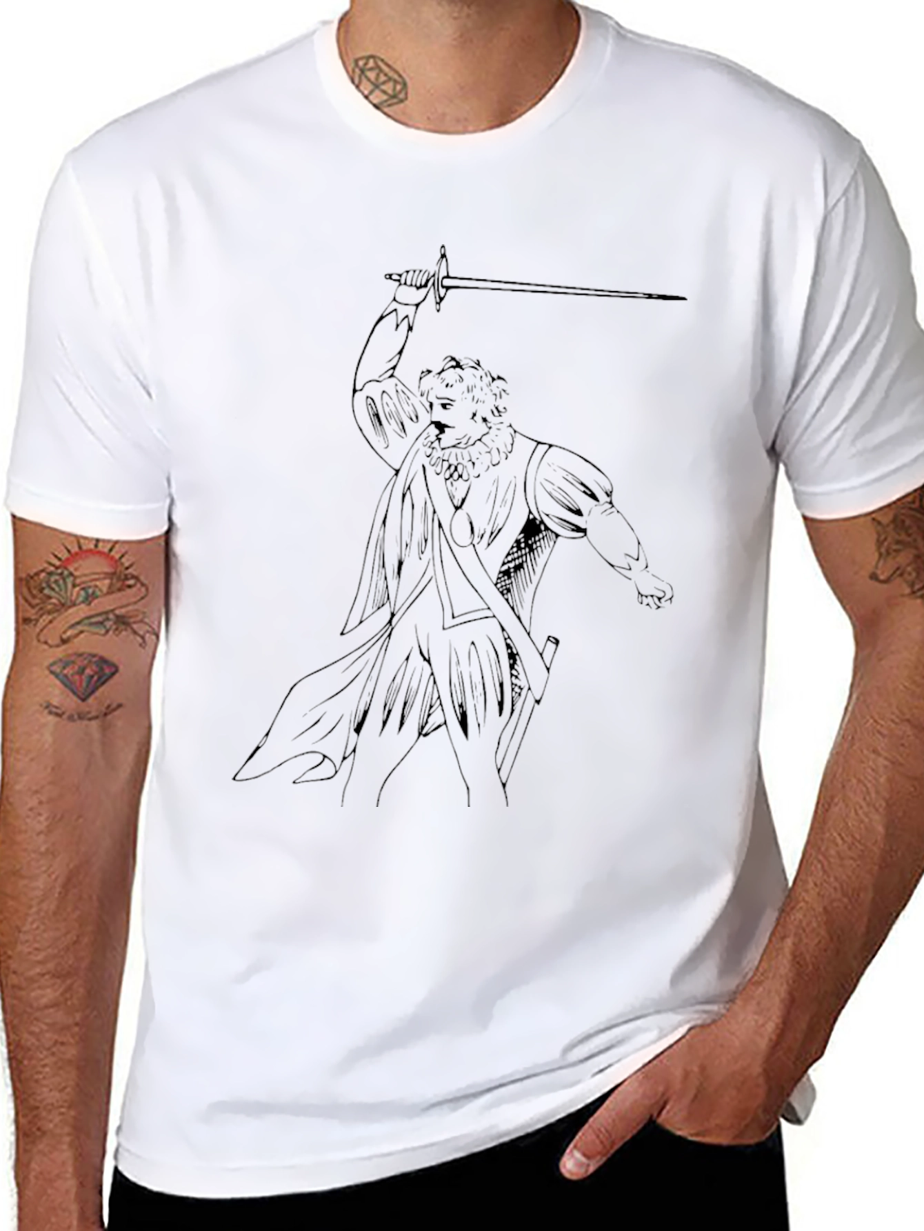 Line Art Swordsman Black T-Shirt