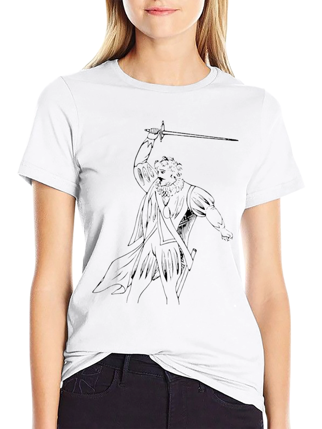 Line Art Swordsman Black T-Shirt