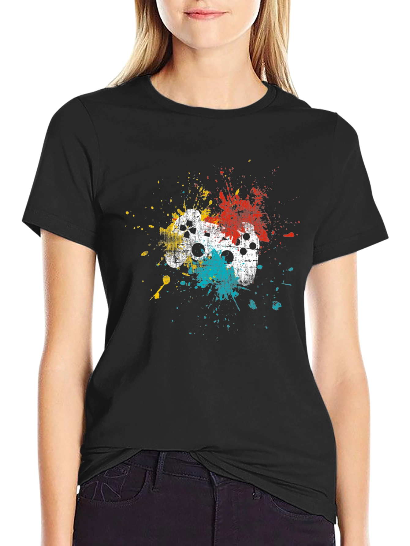 Gamer Controller Splatter Graphic T-Shirt - Black
