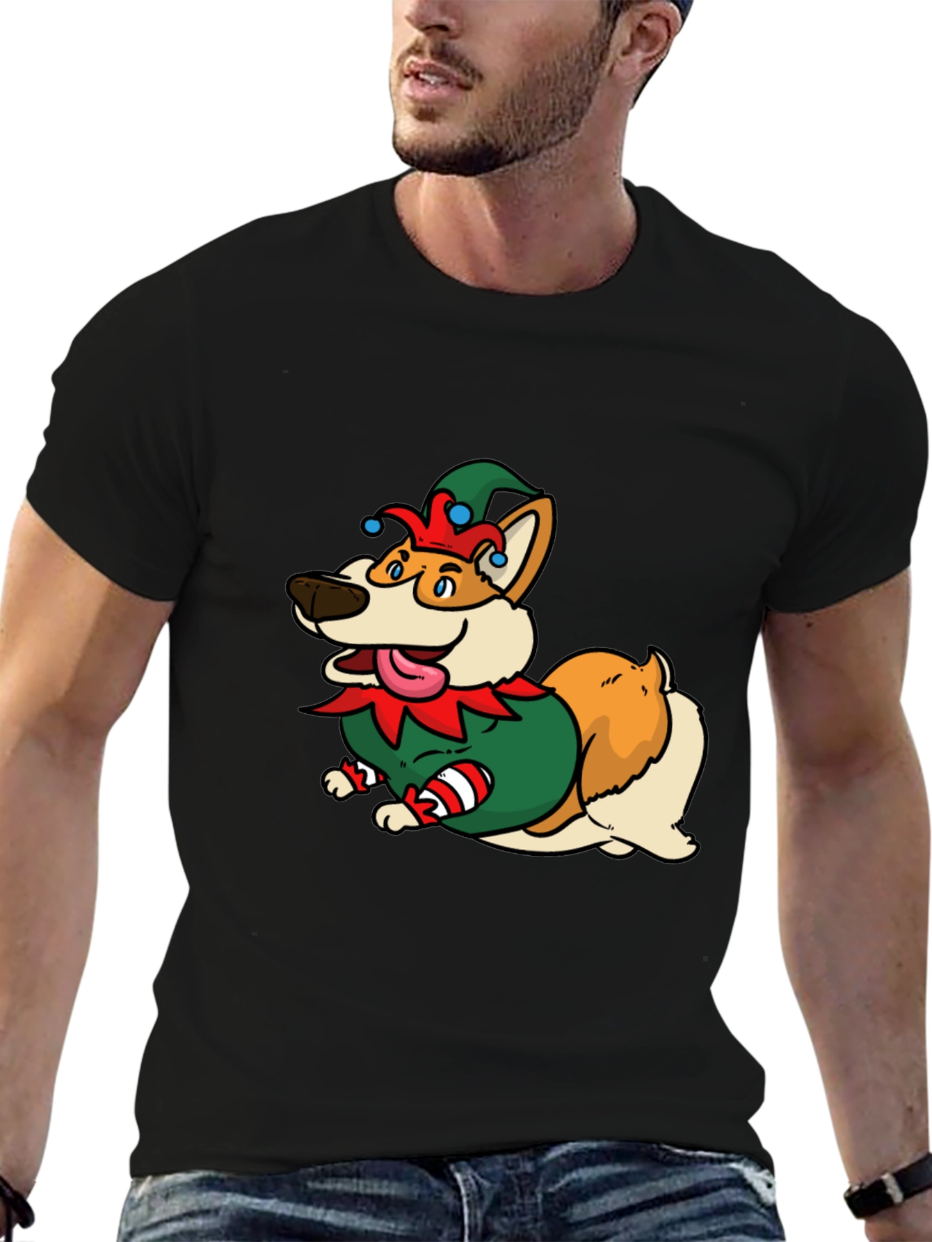 Festive Corgi Elf Graphic Tee