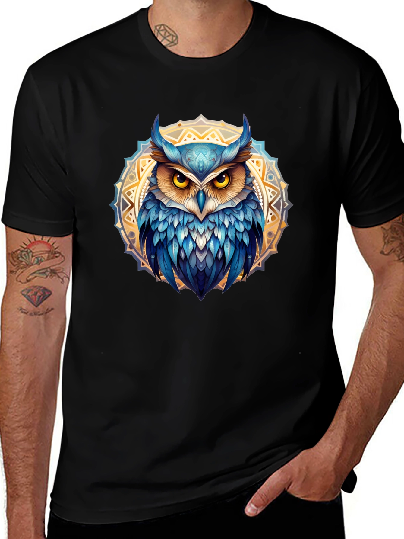Owl Mandala T-Shirt - Blue & Gold Design