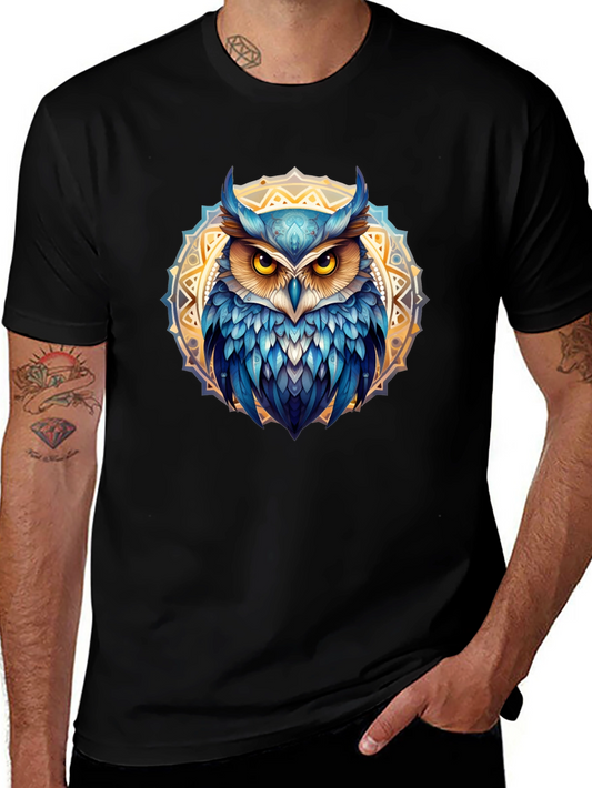 Owl Mandala T-Shirt - Blue & Gold Design