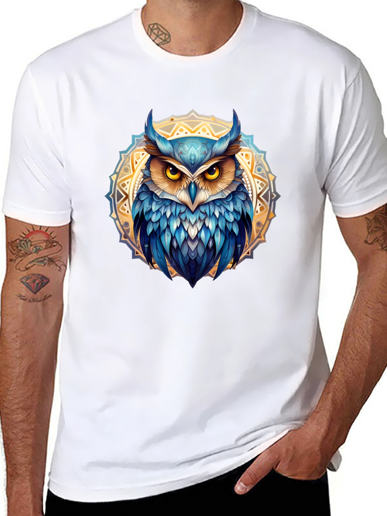 Owl Mandala T-Shirt - Blue & Gold Design
