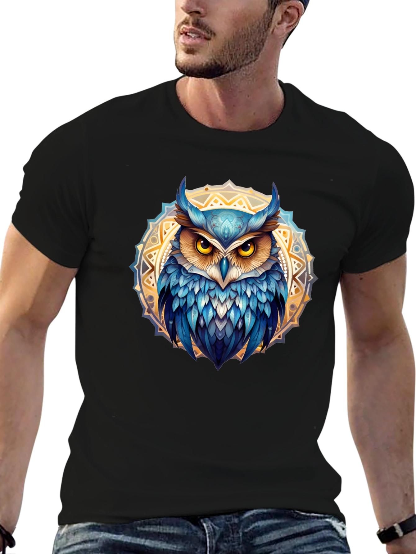 Owl Mandala T-Shirt - Blue & Gold Design