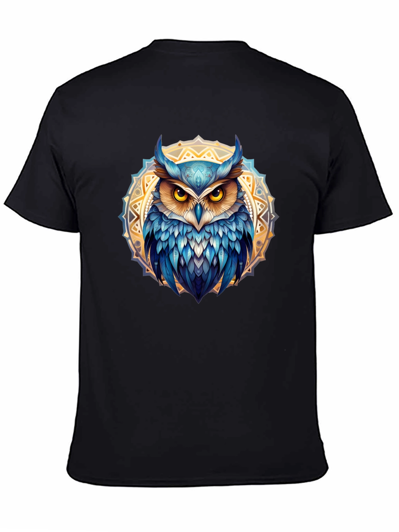 Owl Mandala T-Shirt - Blue & Gold Design