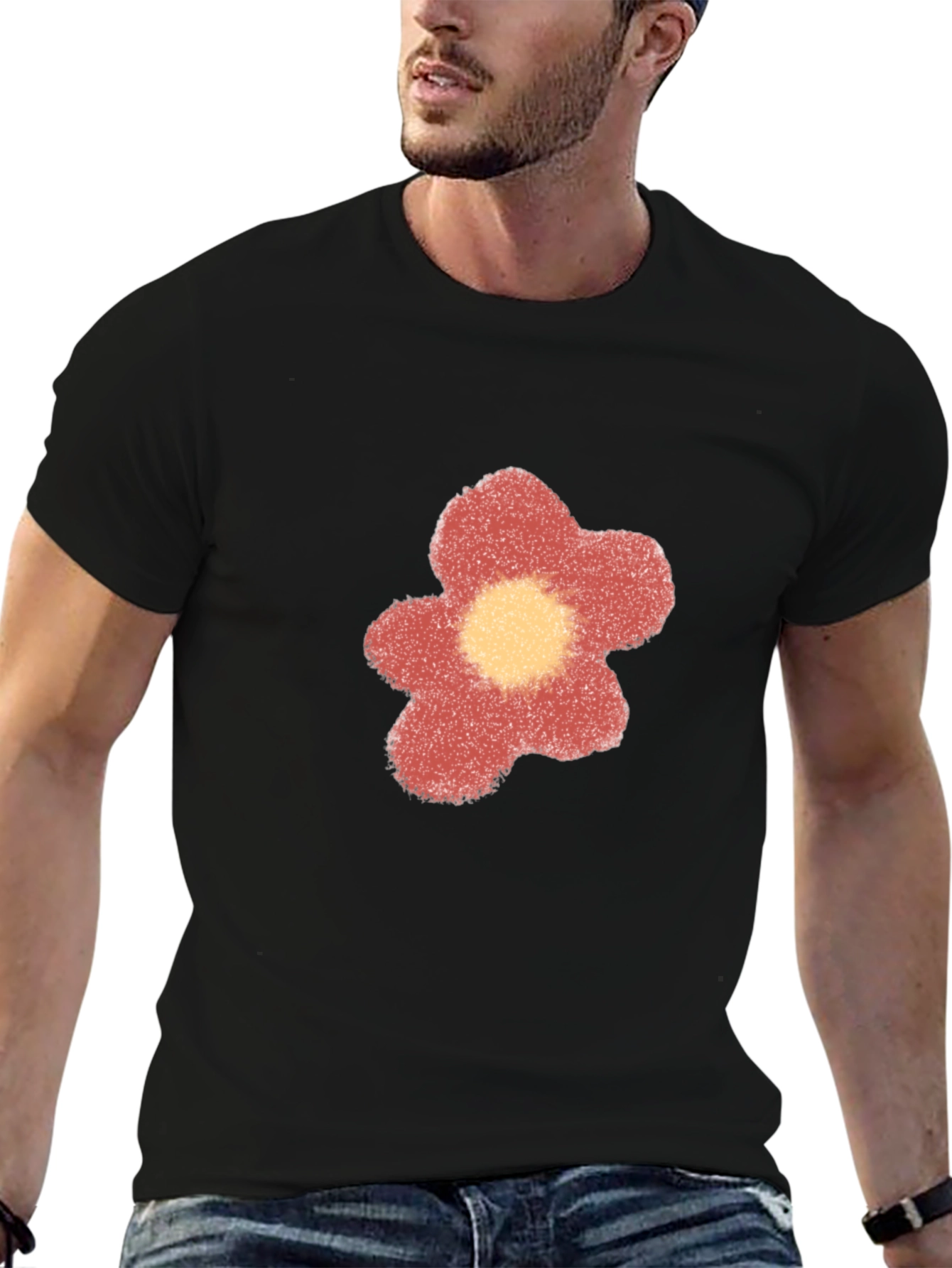 Black T-Shirt with a Flower Design