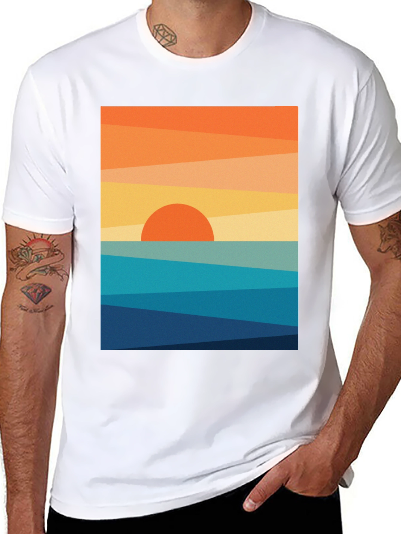 Geometric Sunset Graphic Tee - Modern Coastal Design