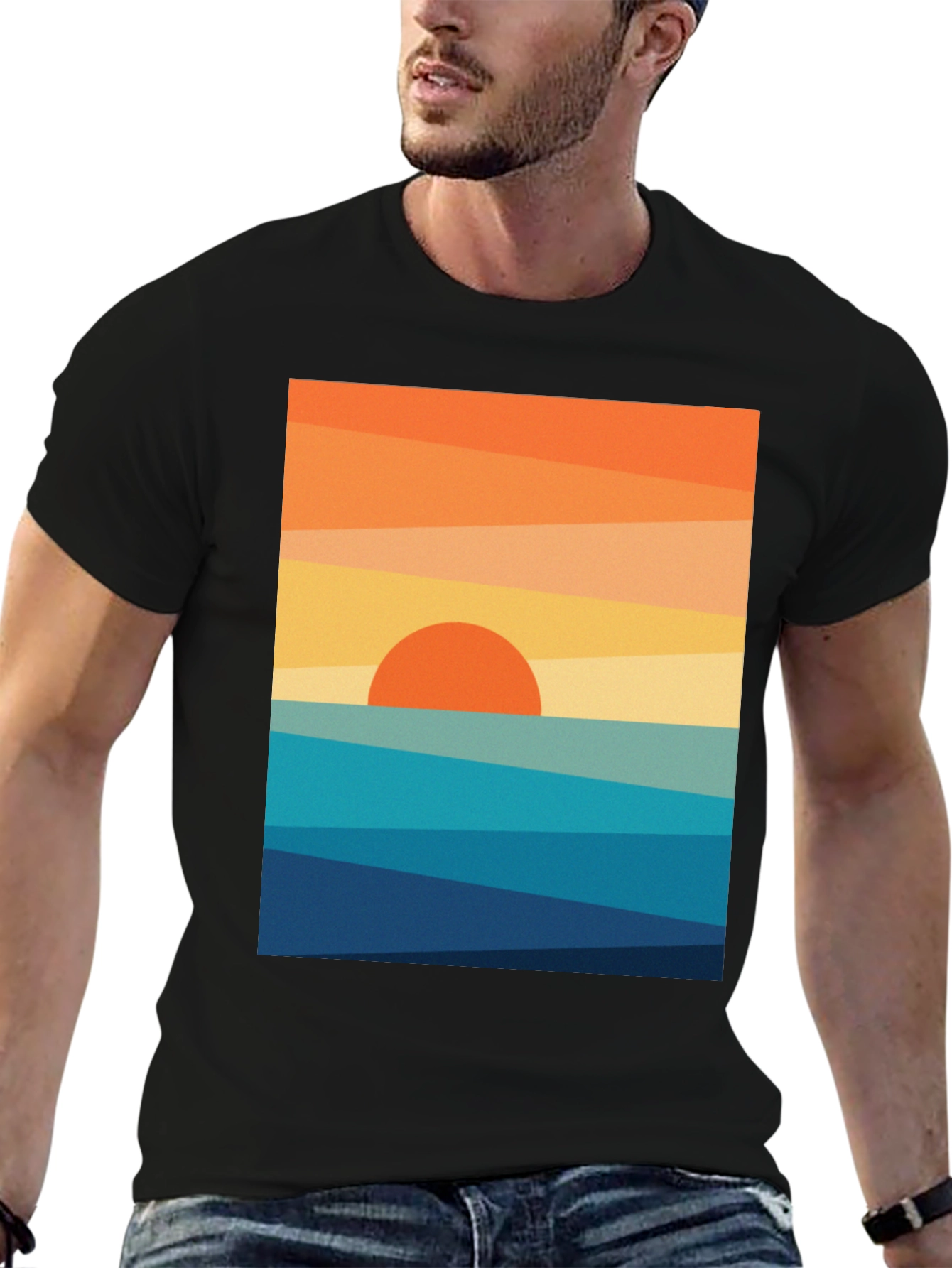 Geometric Sunset Graphic Tee - Modern Coastal Design