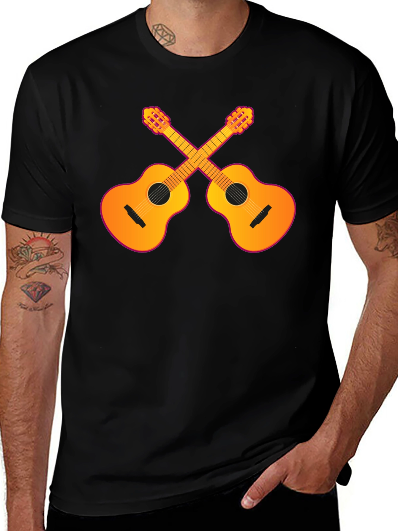 Guitar Crossed Graphic T-Shirt - Black