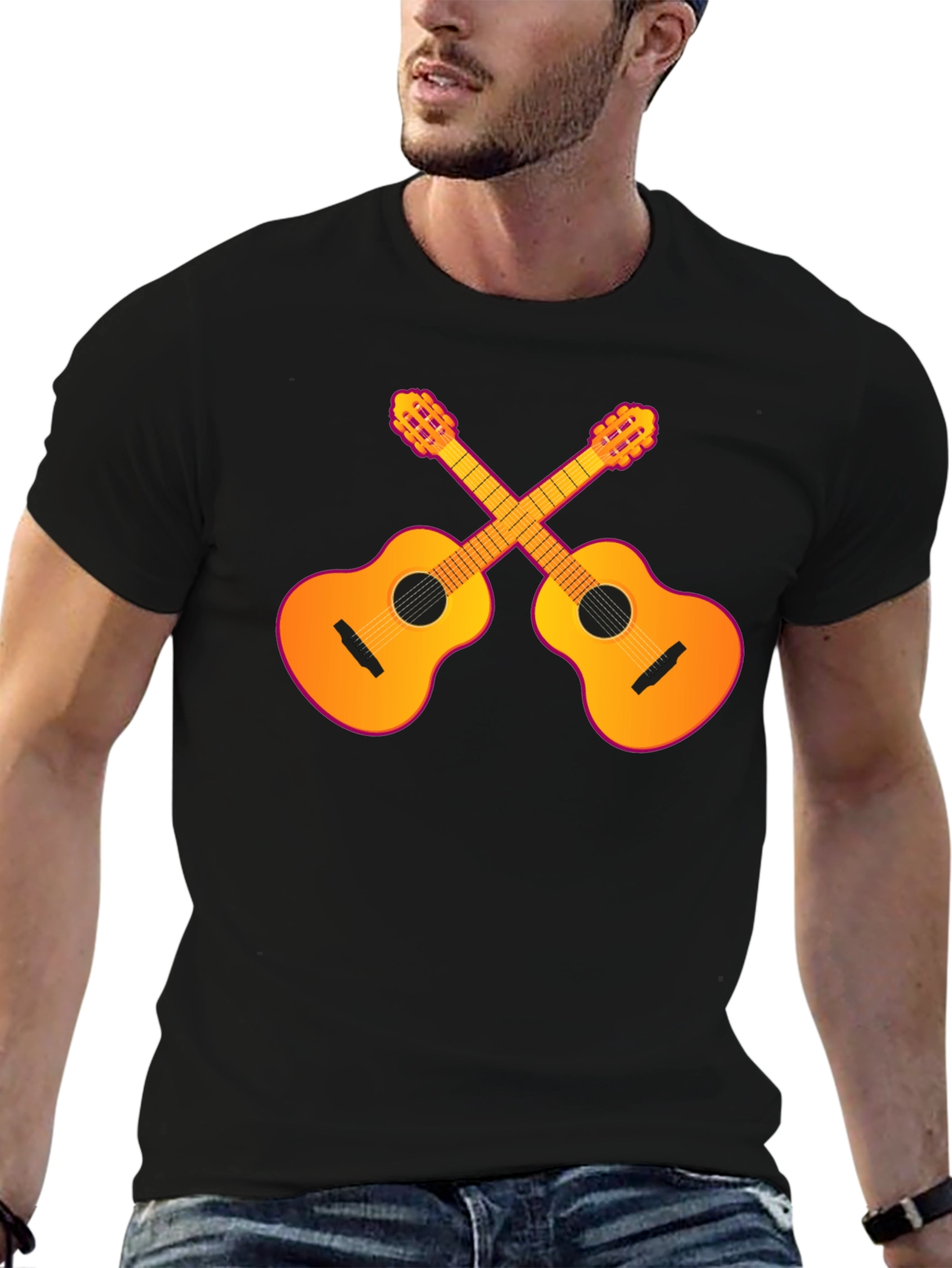 Guitar Crossed Graphic T-Shirt - Black