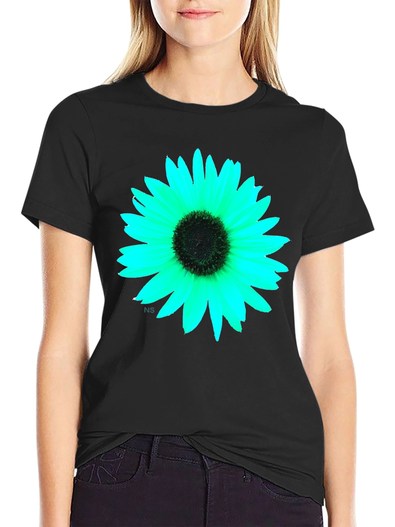Black T-Shirt with Vivid Flower Graphic