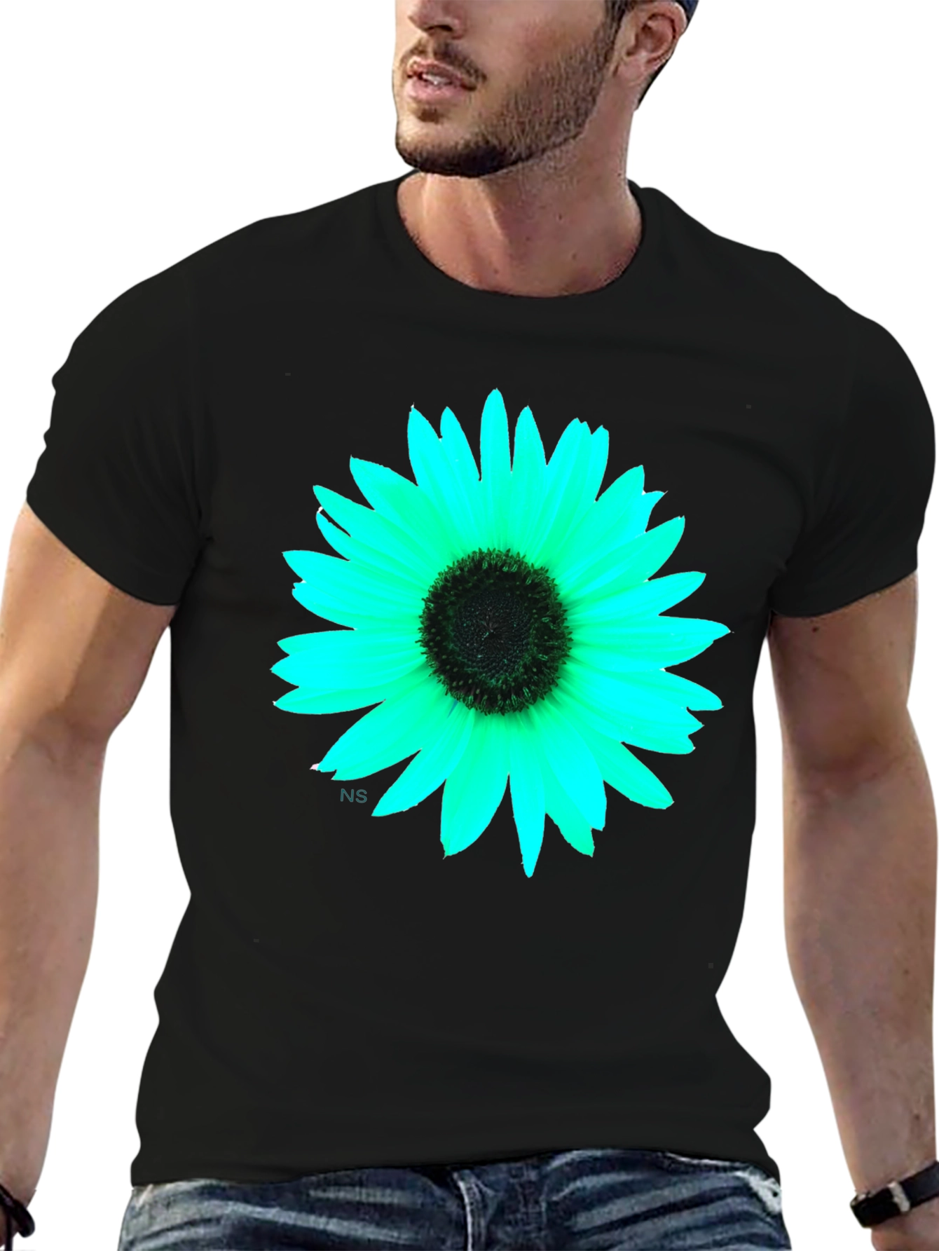 Black T-Shirt with Vivid Flower Graphic