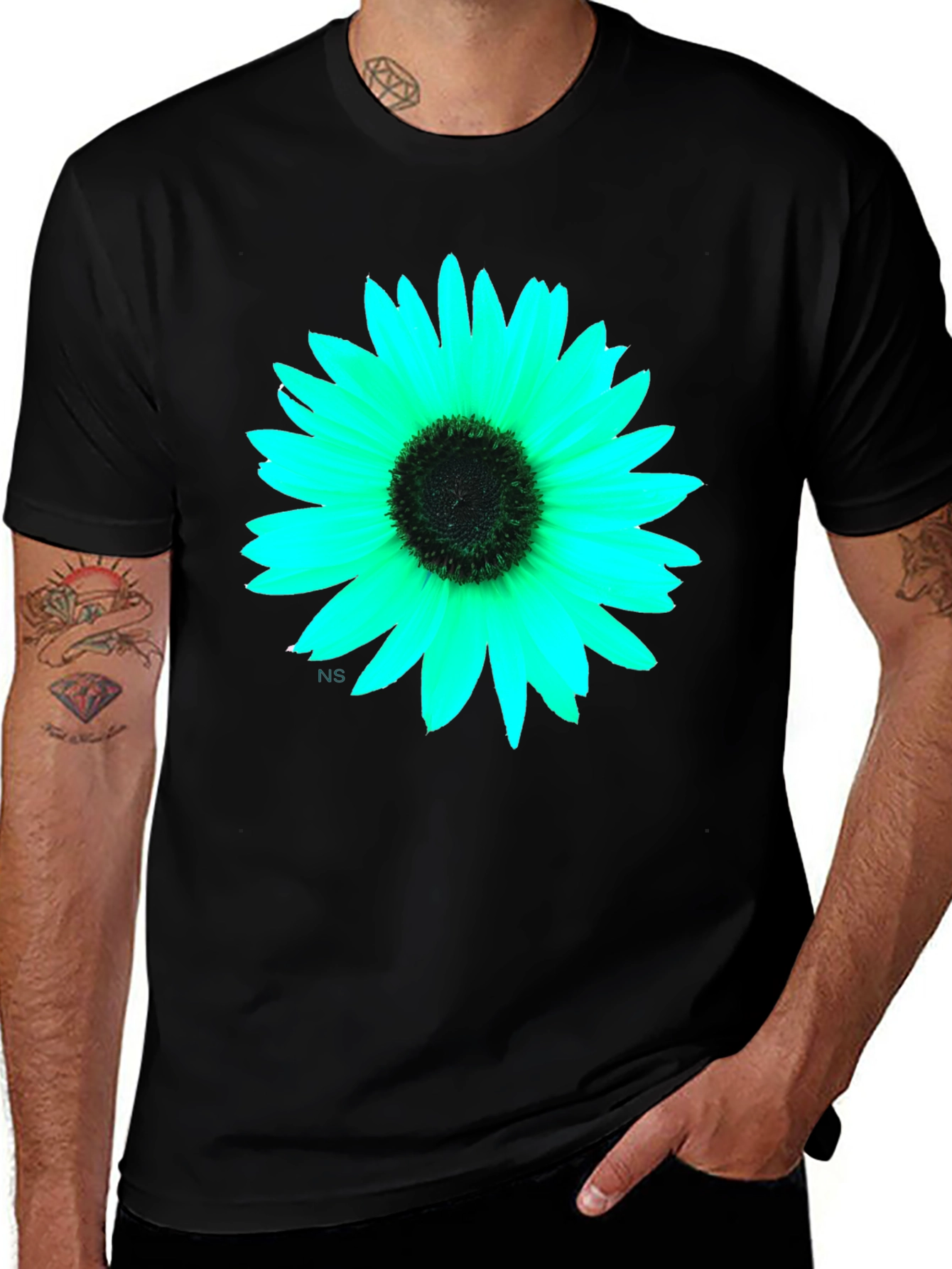 Black T-Shirt with Vivid Flower Graphic