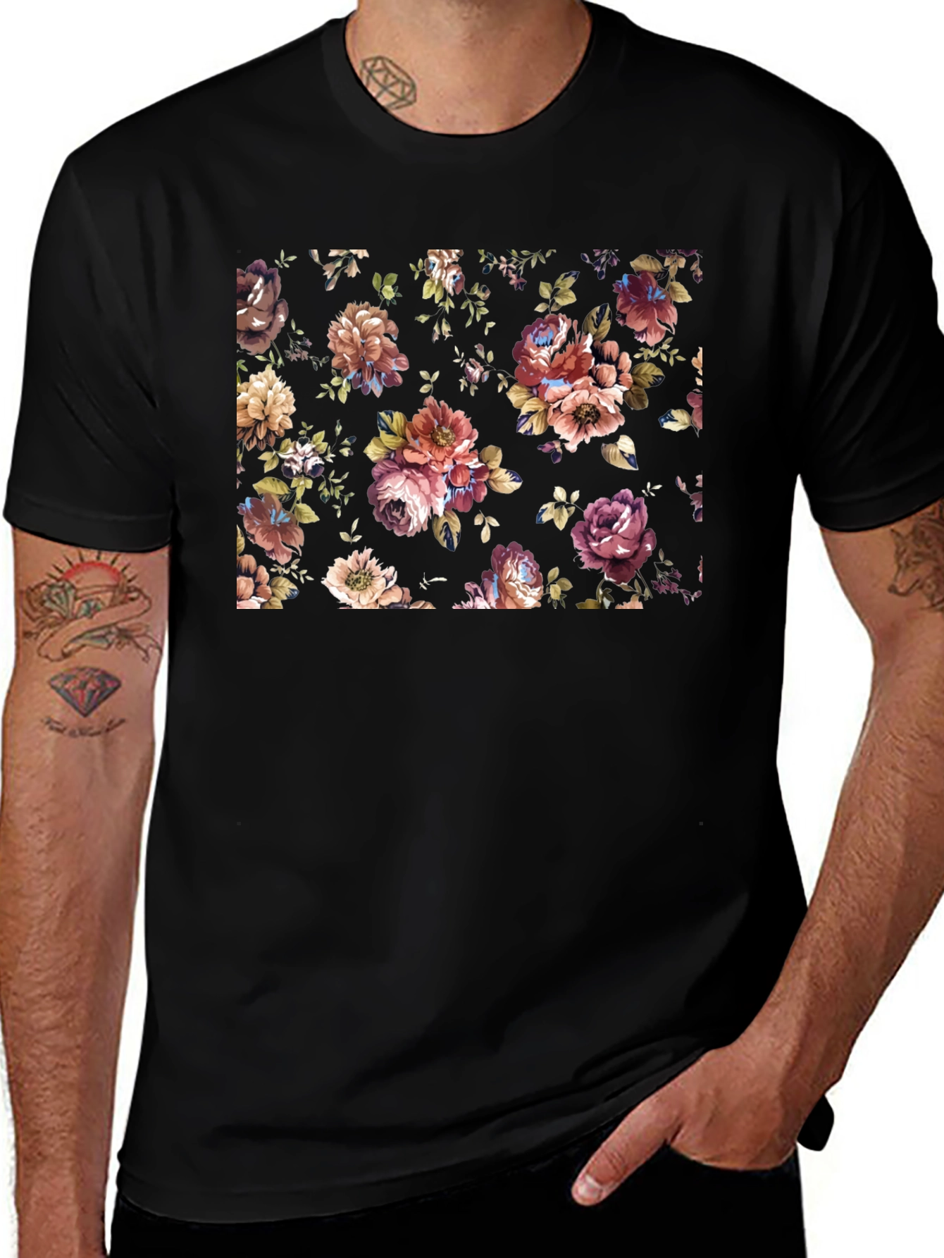 Floral Print Black Tee - Stylish Mens T-Shirt