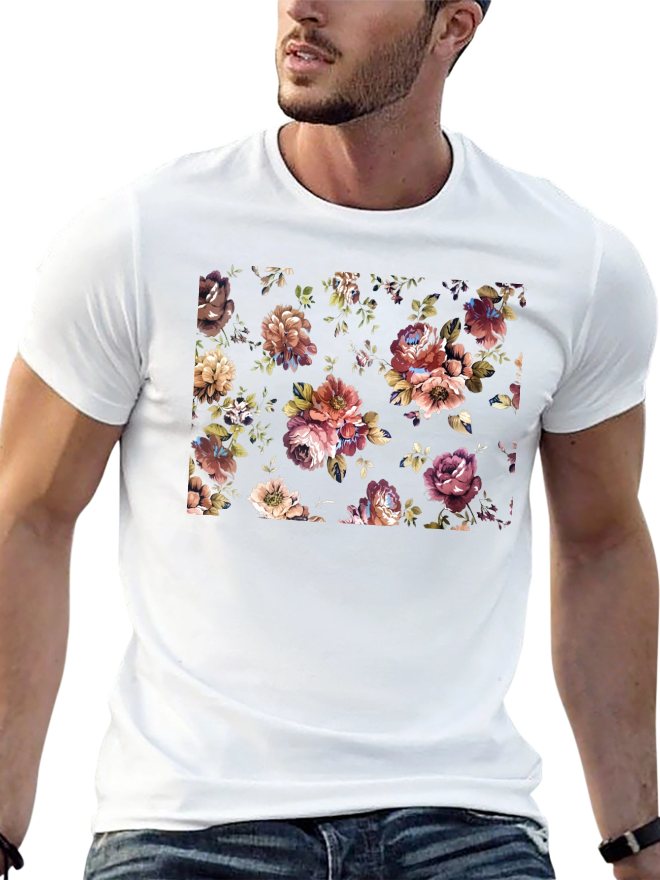 Floral Print Black Tee - Stylish Mens T-Shirt