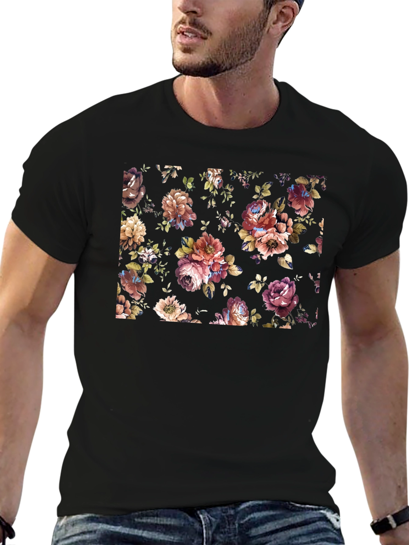 Floral Print Black Tee - Stylish Mens T-Shirt