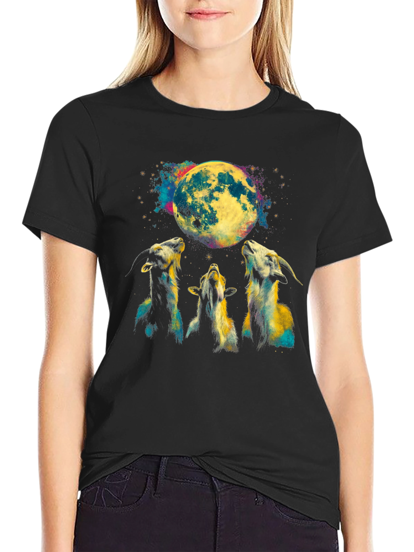 Goats Howling at Moon Graphic Tee - Black T-Shirt