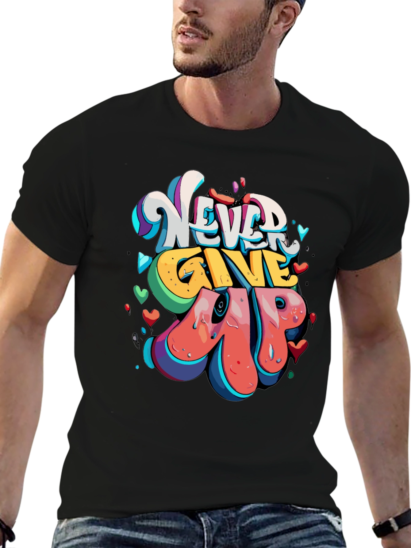 Never Give Up Graphic Tee - Mens Black T-Shirt