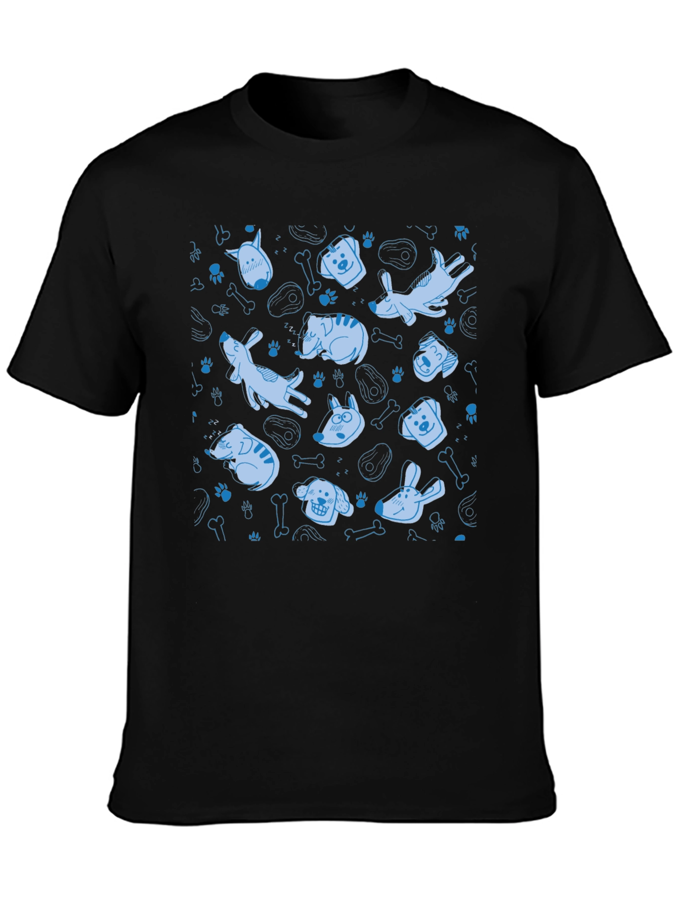 Dog Pattern Crew Neck T-Shirt - Black