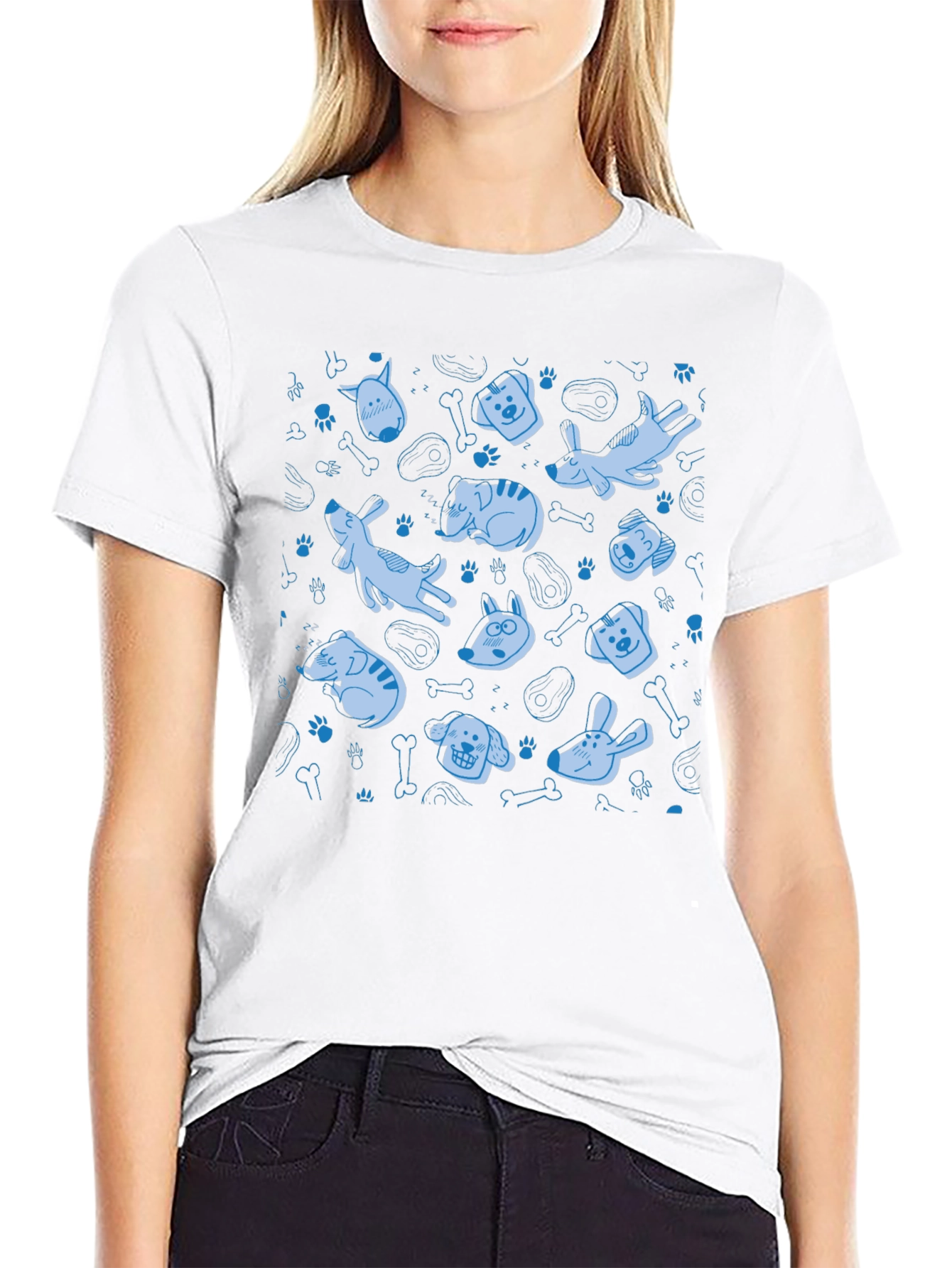 Dog Pattern Crew Neck T-Shirt - Black
