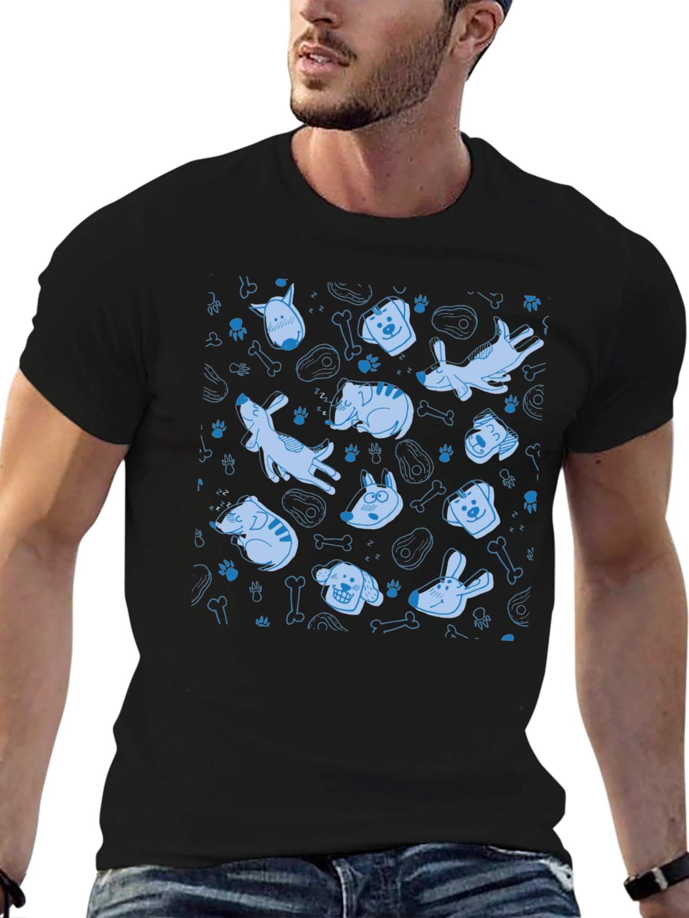 Dog Pattern Crew Neck T-Shirt - Black