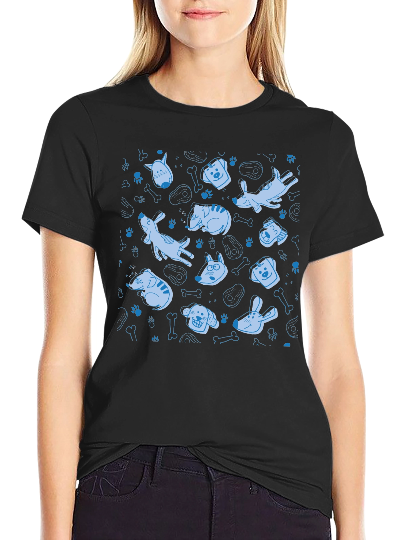 Dog Pattern Crew Neck T-Shirt - Black