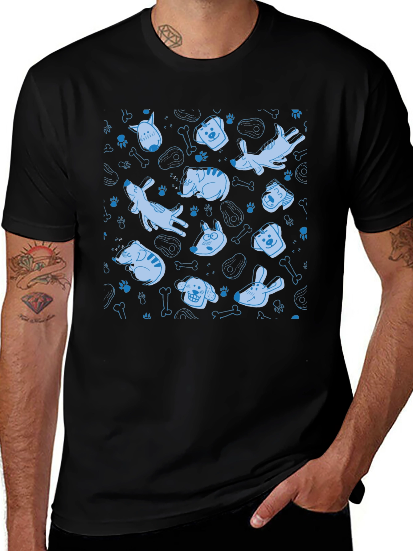 Dog Pattern Crew Neck T-Shirt - Black