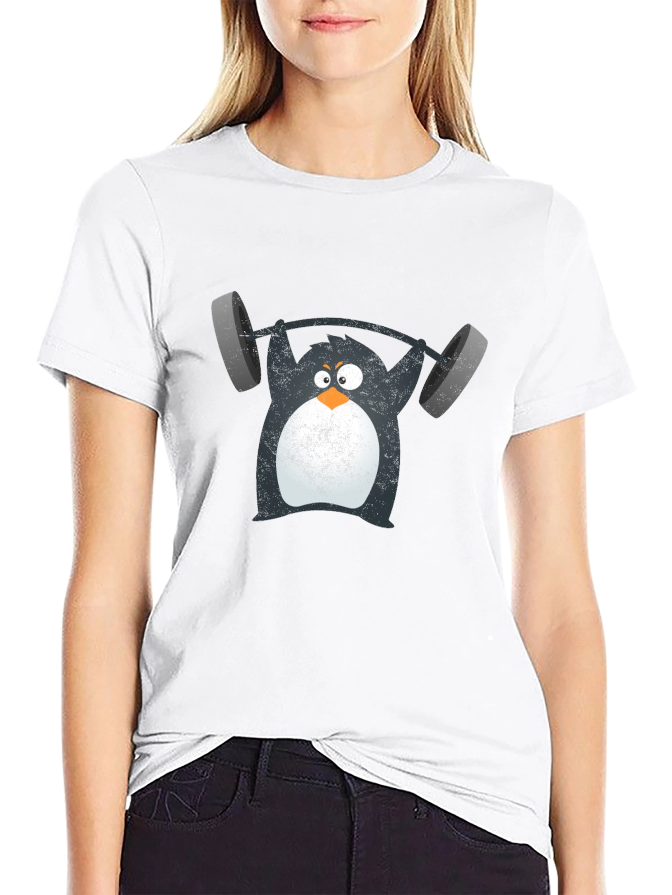 Penguin Lifting Weights Graphic Tee - Black Cotton T-Shirt