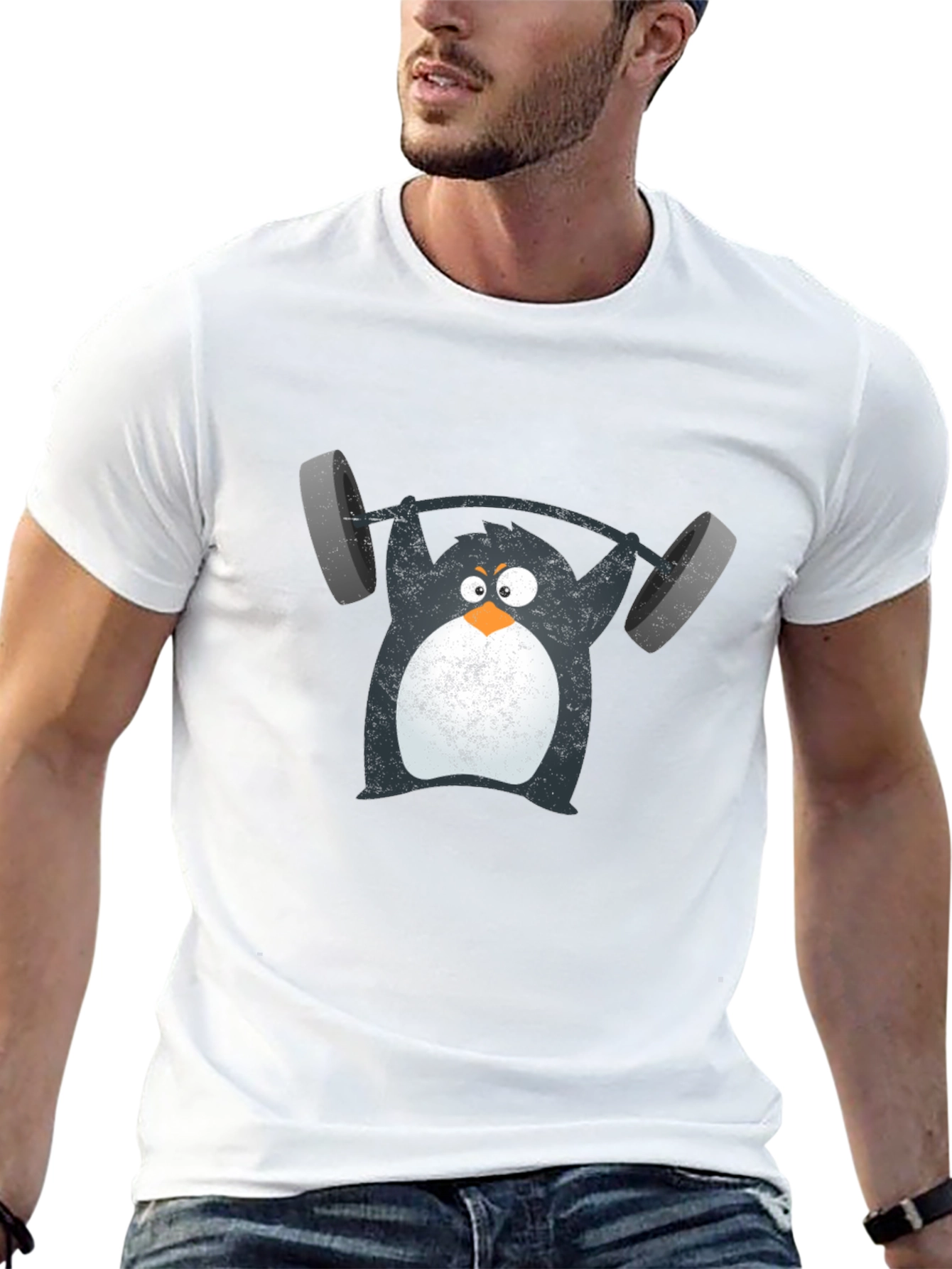 Penguin Lifting Weights Graphic Tee - Black Cotton T-Shirt