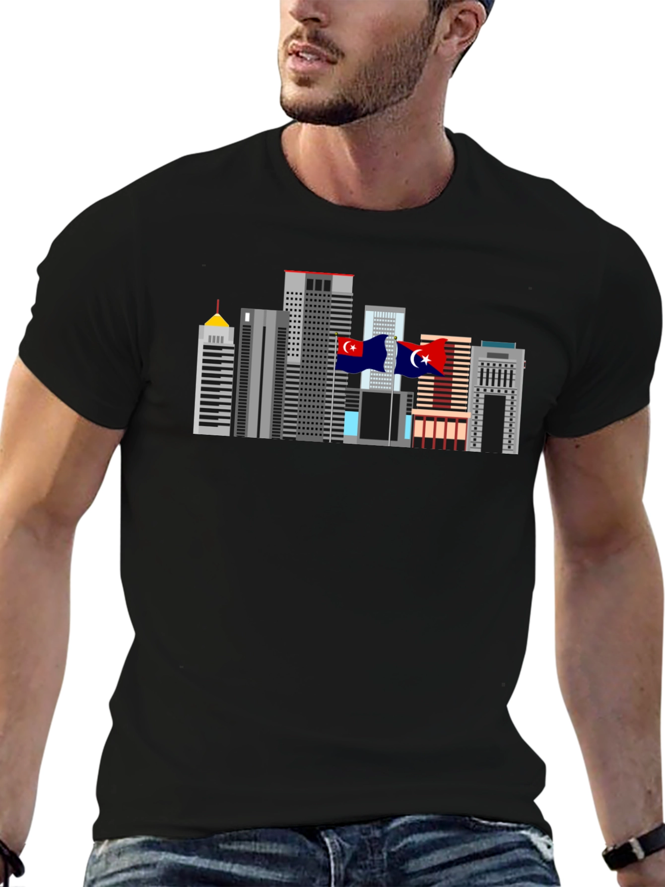 City Skyline Graphic Tee - Black Cotton T-Shirt