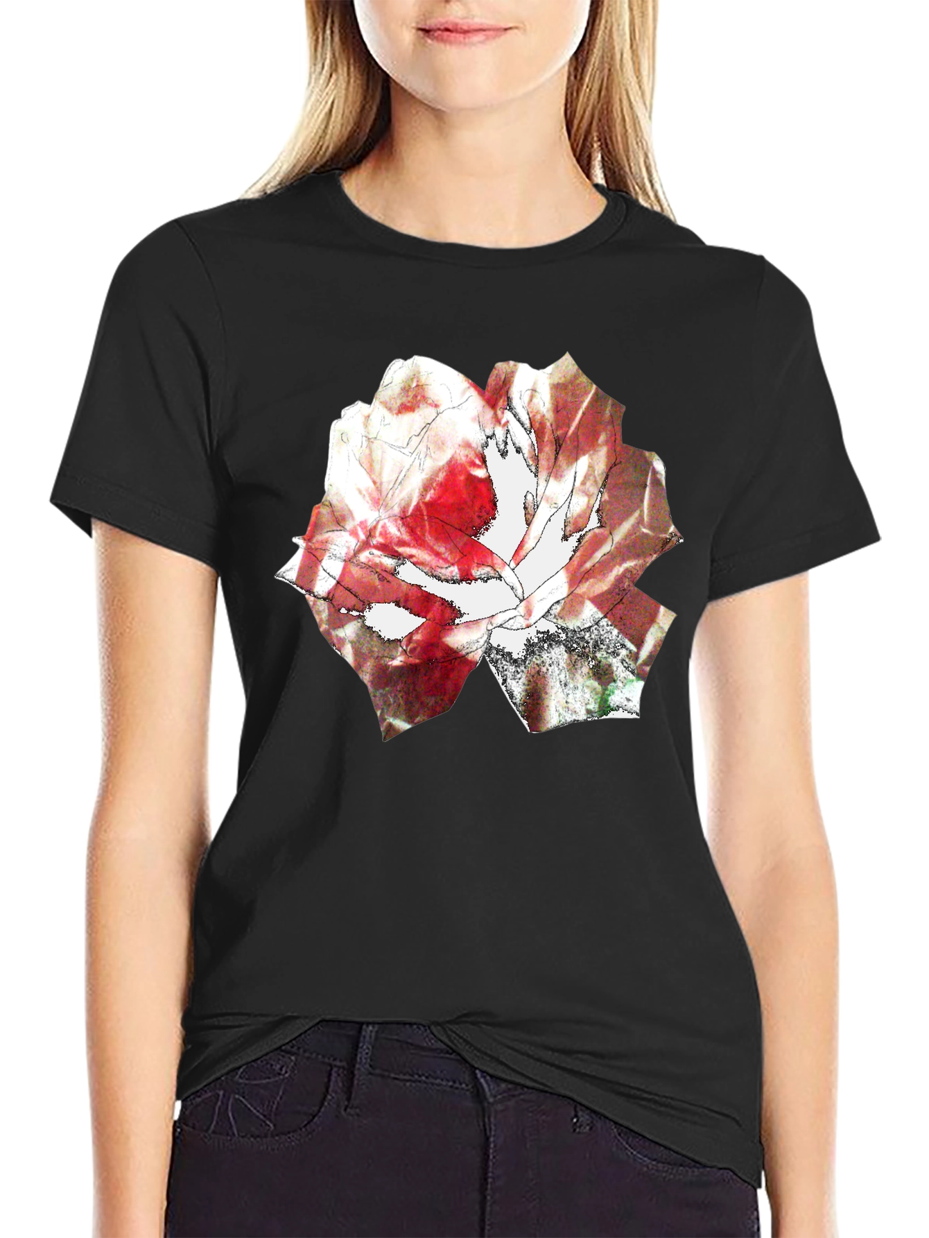 Abstract Rose Print Black T-Shirt