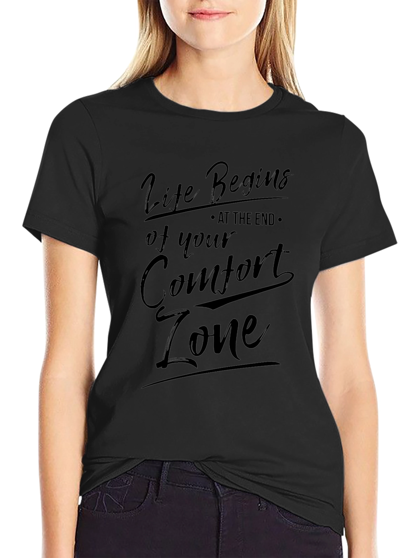 Life Begins Comfort Zone Black T-Shirt