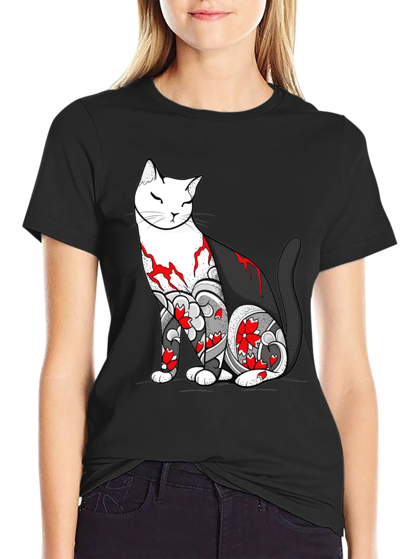 Cat Tattoo Graphic Black T-Shirt