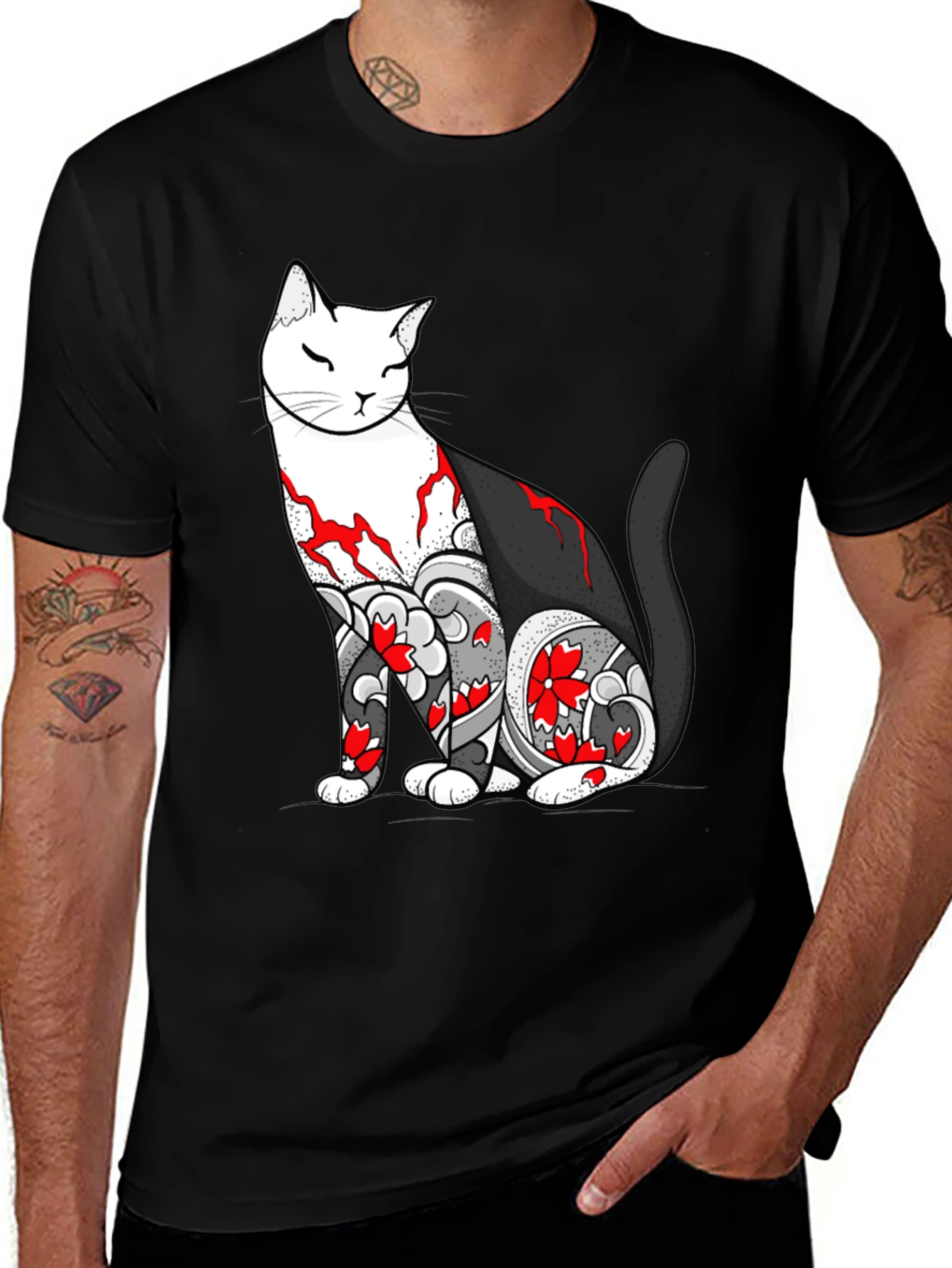 Cat Tattoo Graphic Black T-Shirt