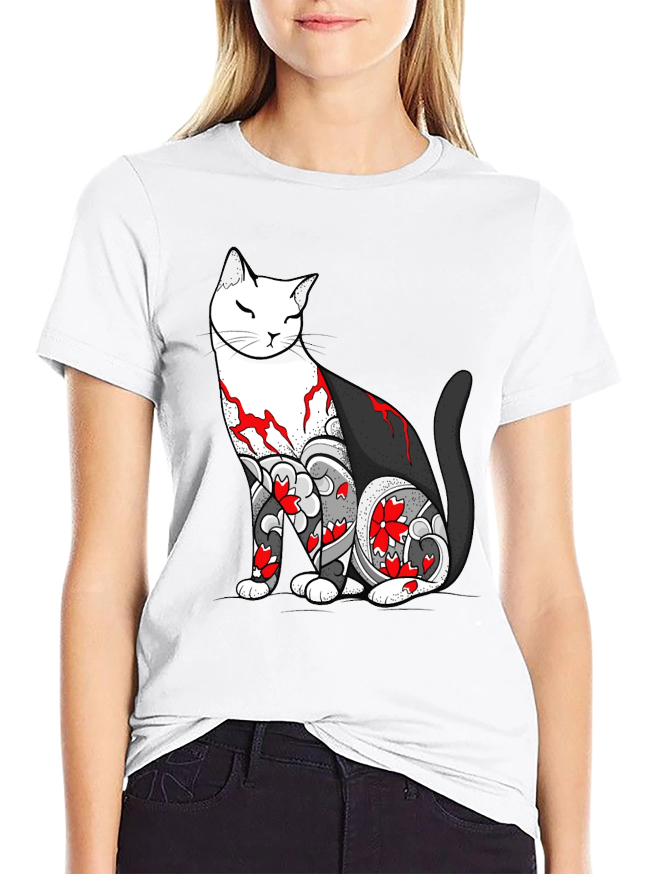 Cat Tattoo Graphic Black T-Shirt