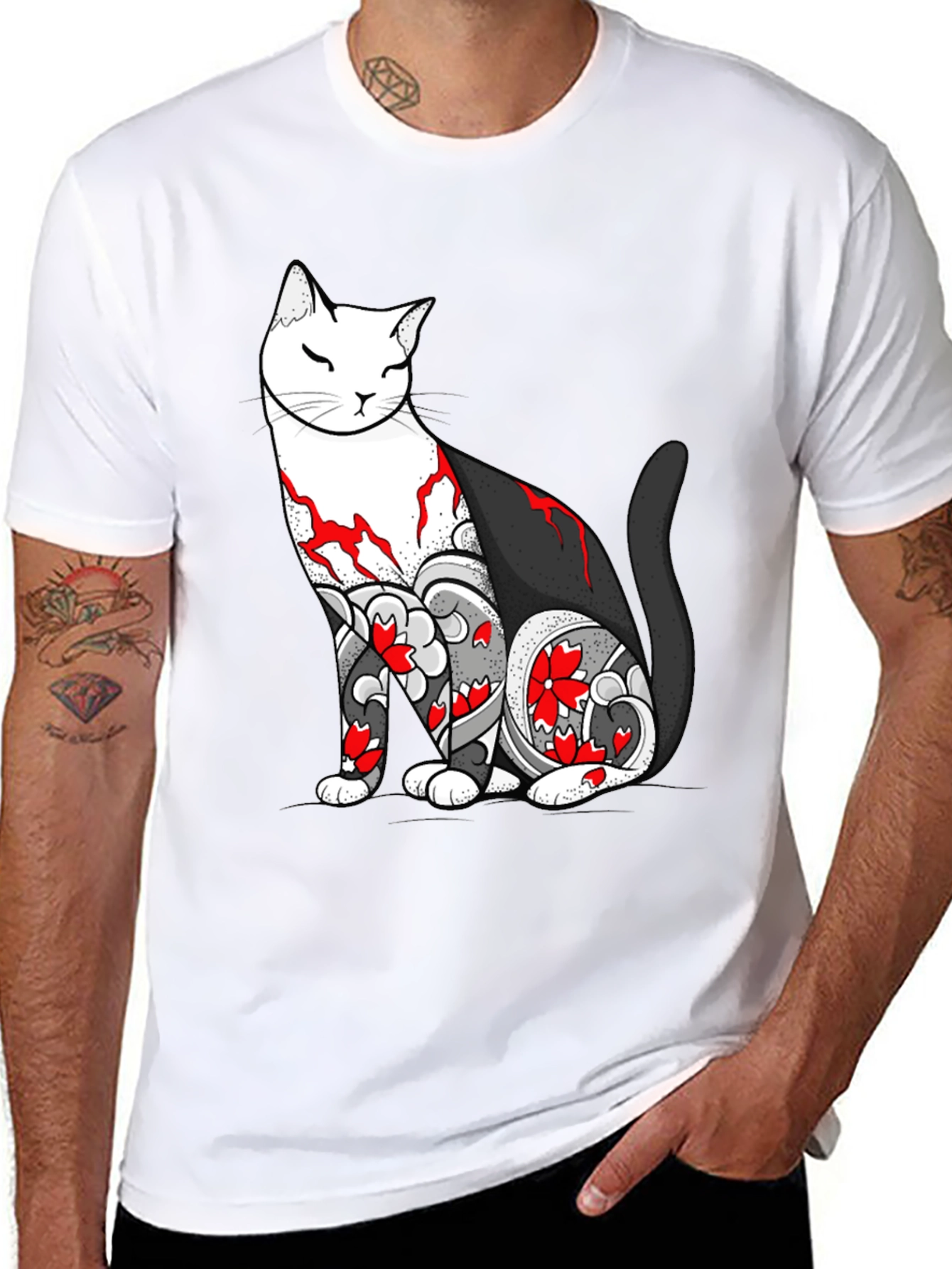 Cat Tattoo Graphic Black T-Shirt