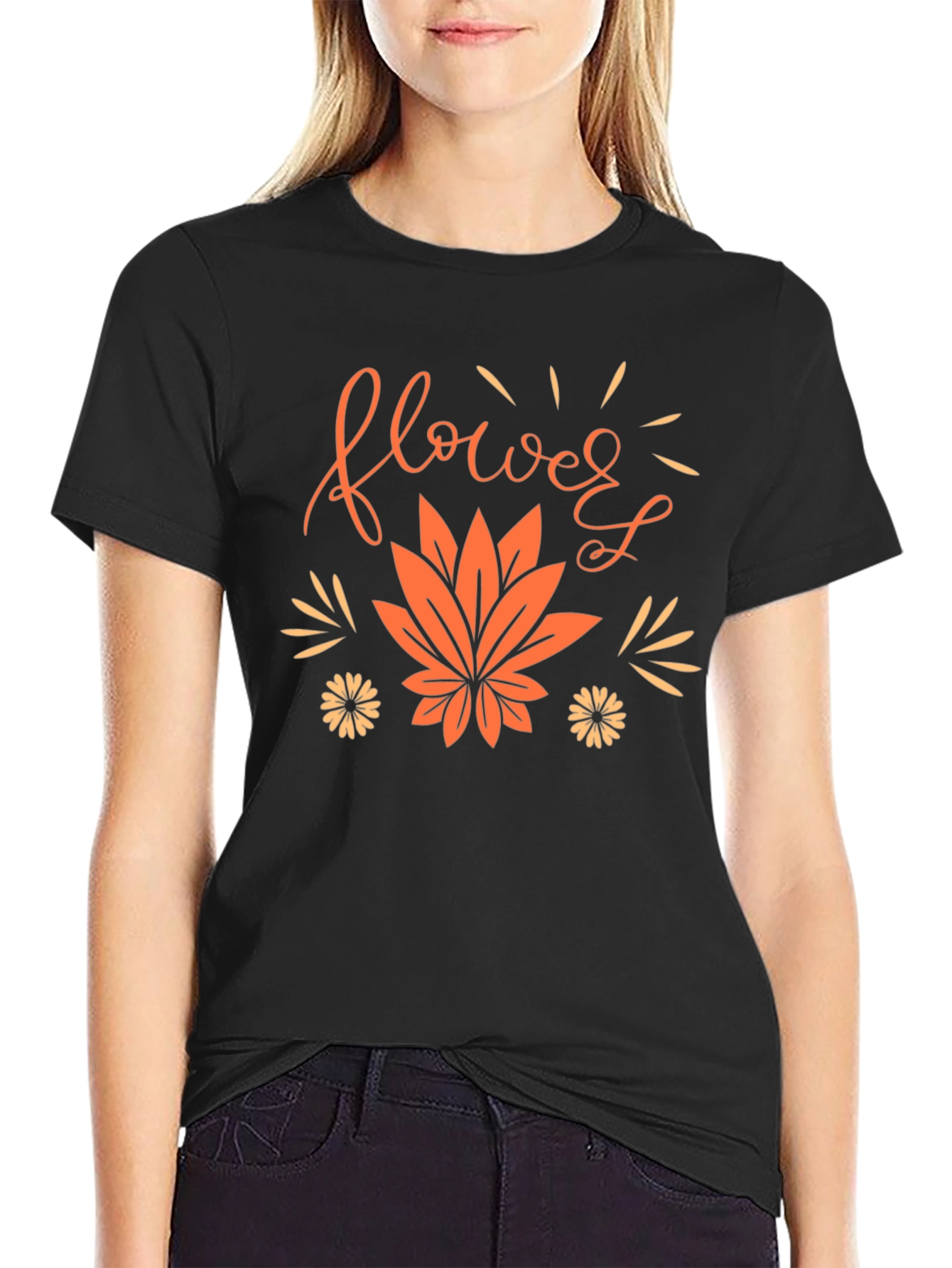 Flower Leaf Graphic Black Tee
